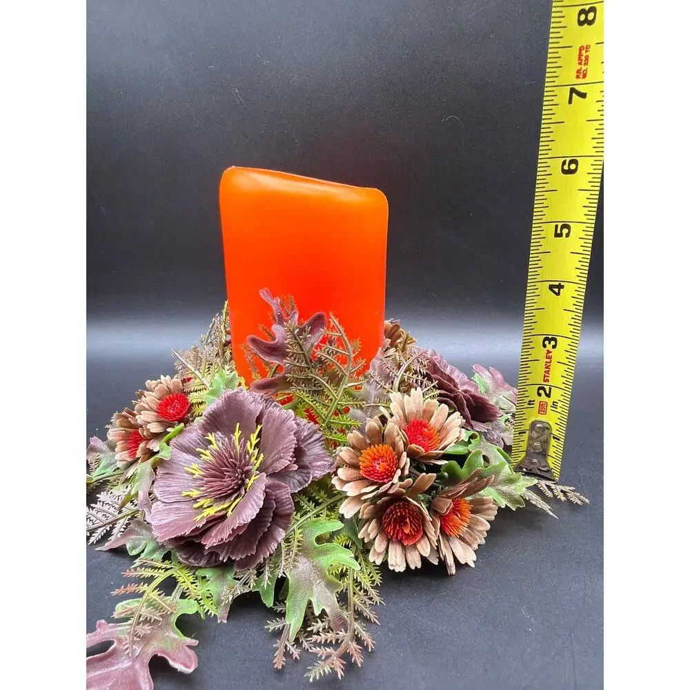 Vintage Fall Floral Centerpiece Orange Pillar Candle Thanksgiving Decor 10x6.5